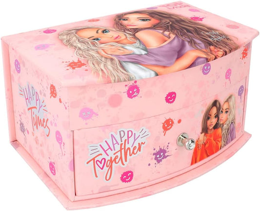 Depesche TOPModel Happy Together 12437 Small Jewellery Box in Pink with Smiley Pattern and Model Motif, Jewellery Box with Mirror and Hinged Lid