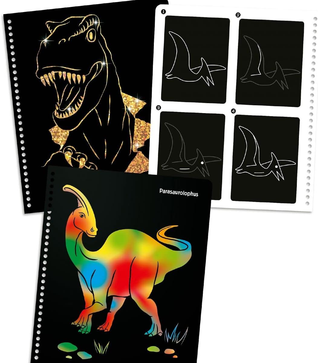 Depesche 11662 Dino World Magic Scratch Book with Cool Dino Motifs for Scratching, Magic Colour Gradient, Approx. 20 x 19.5 x 2 cm