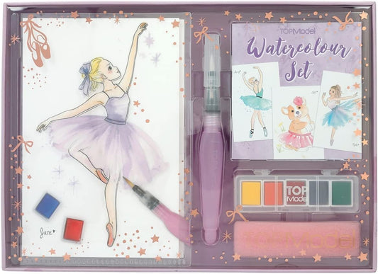 Depesche TOPModel Ballet 12248 Watercolour Paint Set with 20 Sheets Motif Templates on Watercolour Paper, Creative Painting Set with 5 Watercolours, Brush Pen and Sponge