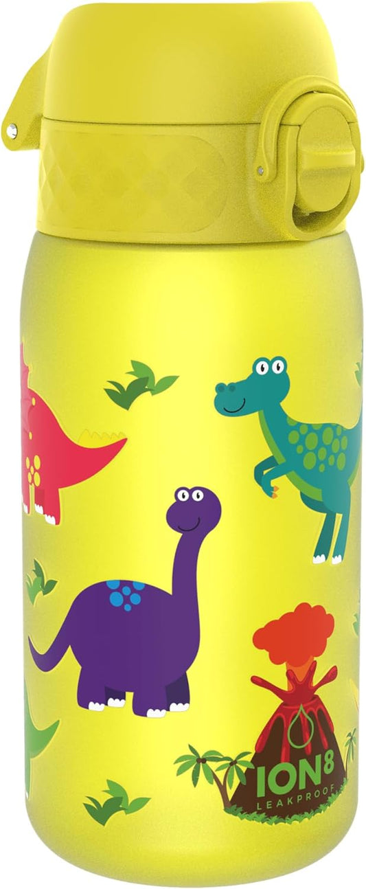 ION8 Children's Water Bottle, 350 ml, Leak-Proof, One-Handed Opening, Secure Locking, Dishwasher Safe, BPA-Free, Carry Handle, Flip Lid, Easy to Clean, Climate Neutral, Dinosaur Design