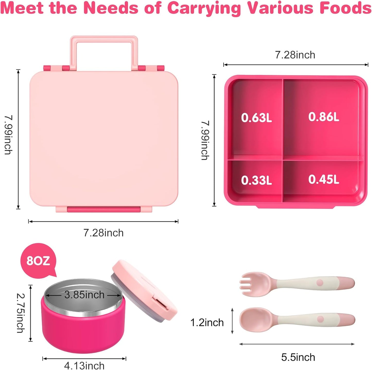 Children's Lunch Box Set with 300 ml Thermal Container for Food, Leak-Proof Lunch Box Children with 4 Compartments, Insulated Lunch Bag, BPA-Free Thermal Lunch Box Children, School, Excursions, Pink