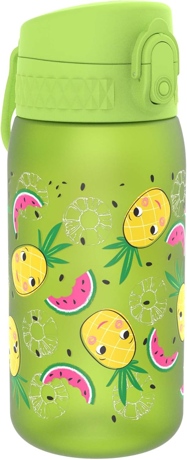 Ion8 Children's Water Bottle, 350 ml, Leak-Proof, One-Handed Opening, Secure Locking, Dishwasher Safe, BPA-Free, Carry Handle, Flip Lid, Easy to Clean, Climate Neutral, Pineapple Design