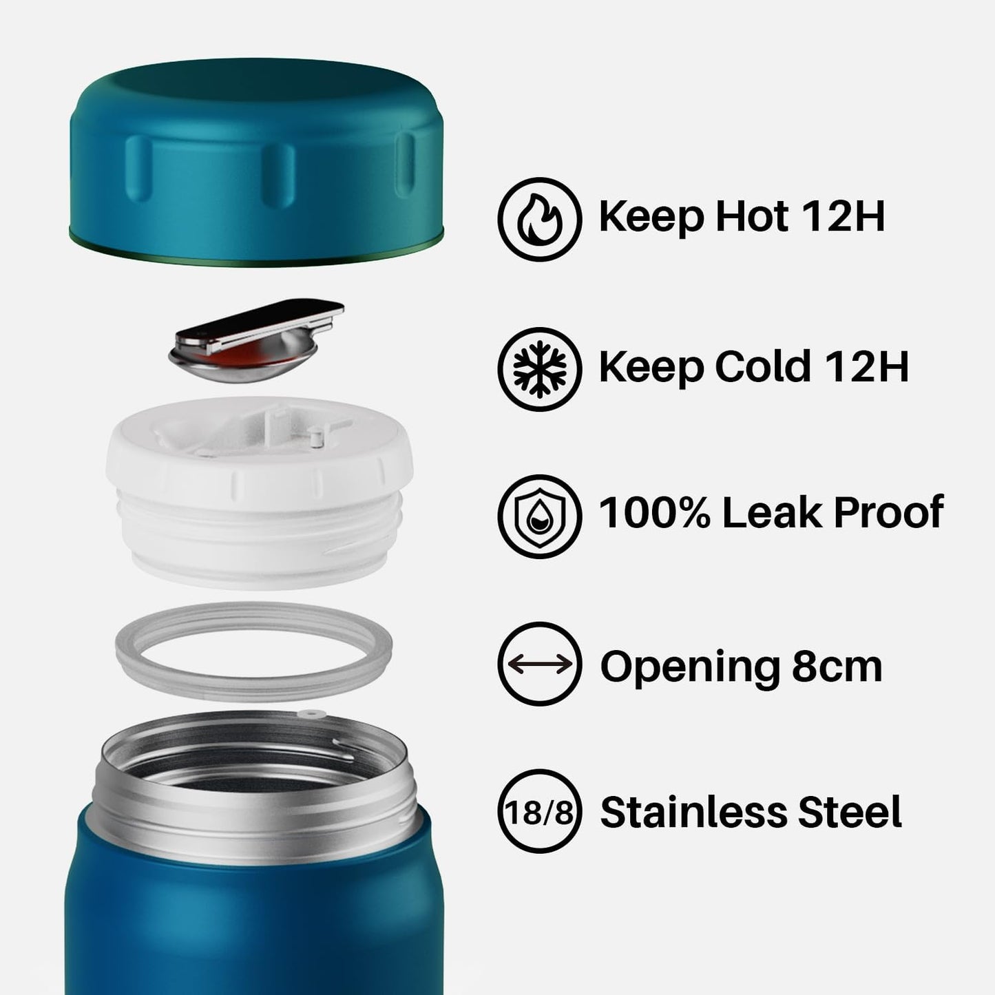 SANTECO Thermal Food Container 500 ml, 18/8 Stainless Steel Warming Container, Food Container for Food, Thermal Mug Food with Spoon and Portable Bag, Hot for 12 Hours & Hours Cold (Blue)