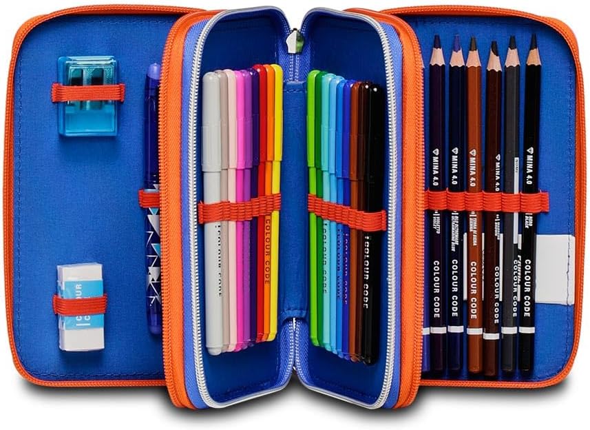 Sonic Primary School Pencil Case with 3 Compartments, Like and Get Me, Blue Red, 43 Pieces, Complete with Pencils, Pens, Felt-tip Pens, Pencil Case for School for Kids, Multicoloured,, multicoloured,