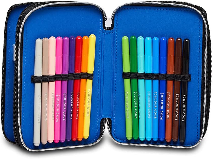 Seven Atalanta Pencil Case, Multicoloured, Pencil Case for Stationery, Case with Pens, Ballpoint Pens, & More, 3 Compartments, Girls & Boys, School - Primary School, XXL, Atalanta, blue, School