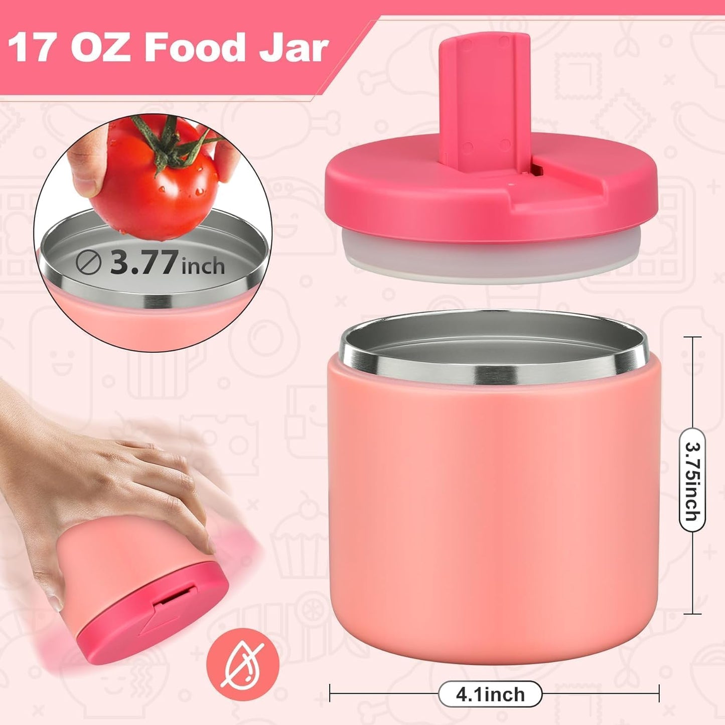 Itslife Thermal Food Container, 560 ml, Stainless Steel Warming Container, Children's Leak-proof Lunch Container with Buckle Cover, Wide Neck, Insulation, Suitable for Cold and Hot Food, Pink