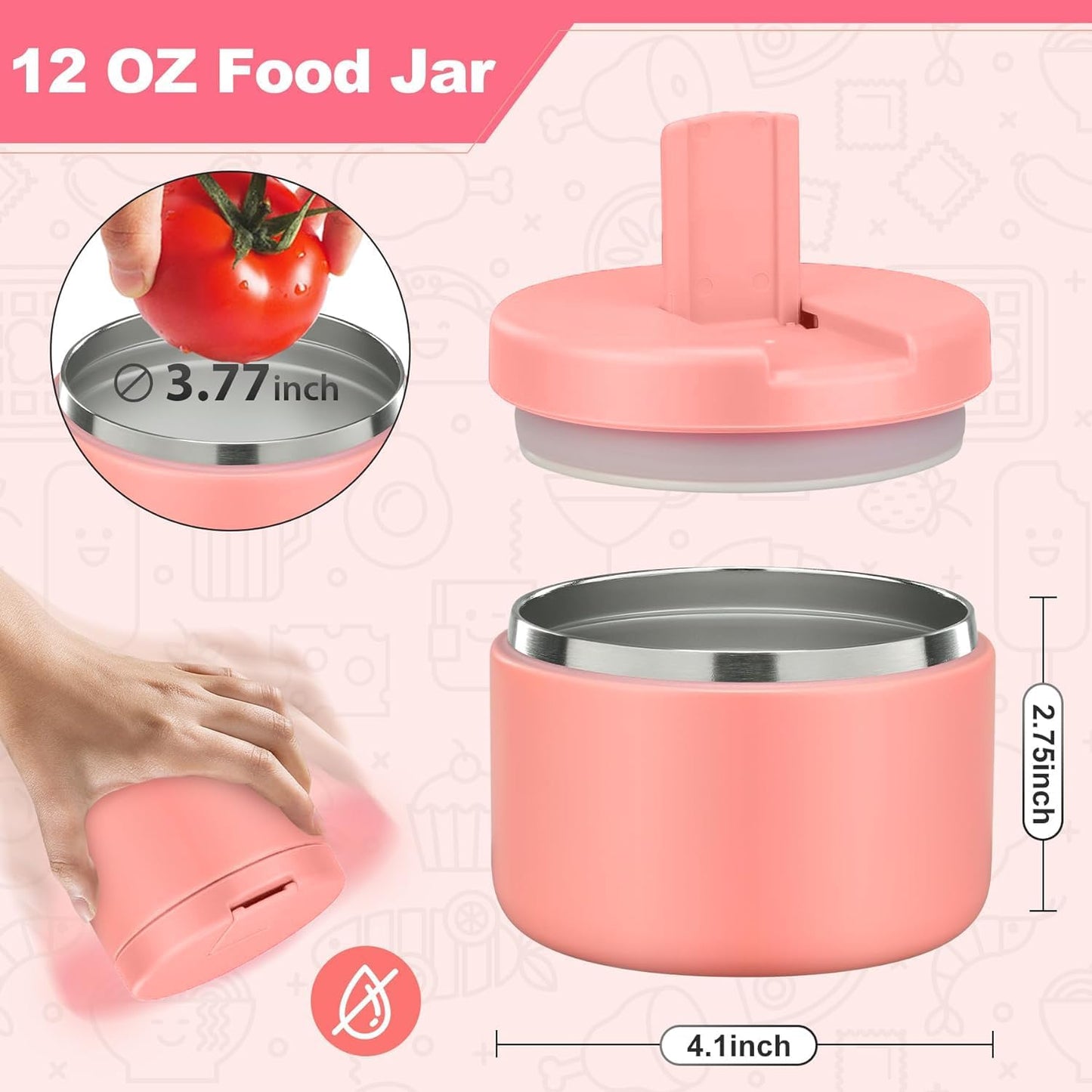 Itslife Thermal Food Container, 350 ml, Stainless Steel Warming Container, Children's Leak-proof Lunch Container with Buckle Cover, Wide Neck, Insulation, Suitable for Cold and Hot Food, Pink