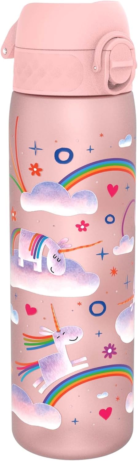 ion8 Water Bottle, Leak-Proof, One-Handed Opening, Secure Locking, Dishwasher Safe, Carry Handle, Flip Lid, Easy to Clean, Unicorn Rainbow Design