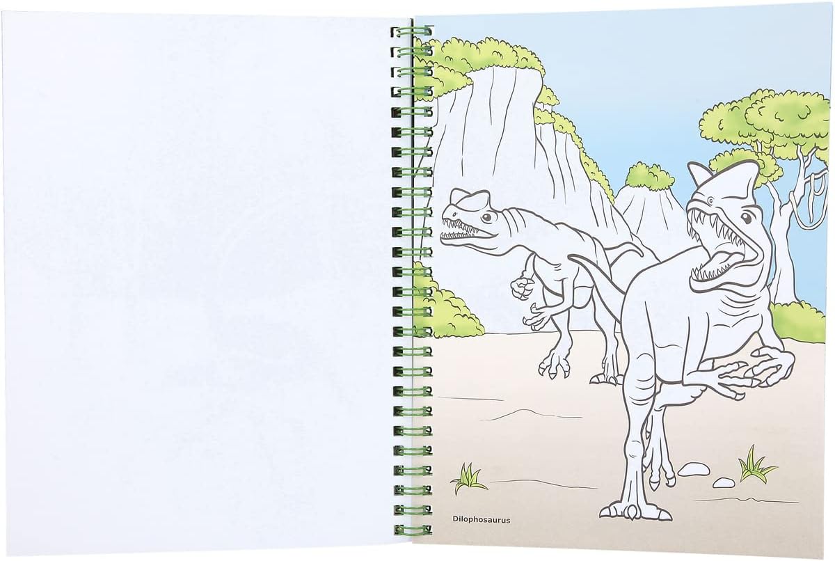 Depesche 11385 Dino World Colouring Book Including Small Pen Set of 8 Colouring Pencils, a Sticker Sheet and Many T-Rex, Dinosaurs and Jungle Motifs for Colouring and Sticking