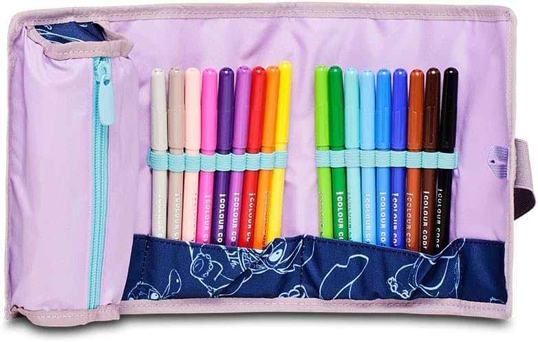 Colouring Pencil Roll - Stitch My Alien Pal - Disney Blue - Contents 30 Pieces - School Pencil Case Complete with Pencils, Felt Tip Pens etc - Pen Holder for School, Navy, Taglia Unica, School, navy,