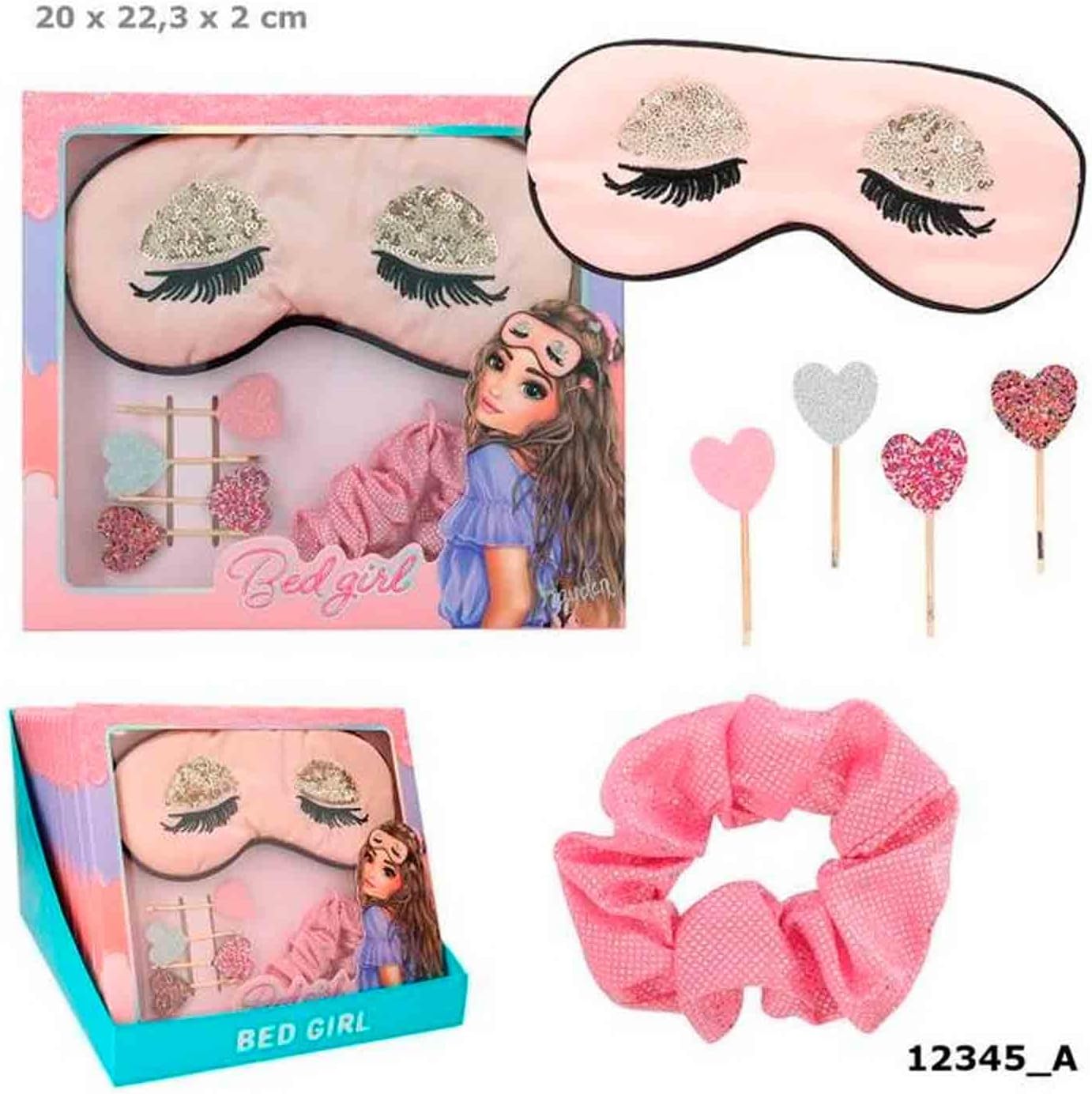 Depesche TOPModel 12345 Beauty and Me Sleeping Mask Set in Pink, Pink and with Glitter, Includes Mask with Sleeping Eyes, Scrunchie and Hair Clips