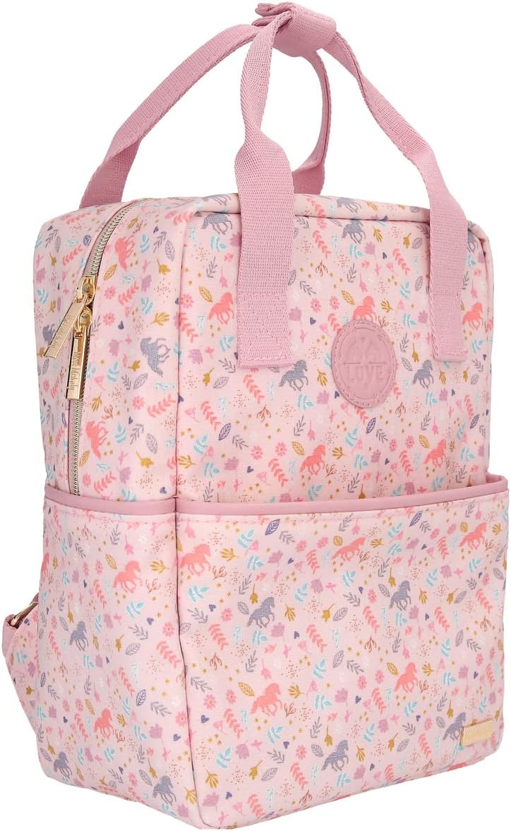 Depesche 11728 Miss Melody Summer Garden Small Backpack in Rose with Subtle Design of Flowers and Horses, Daypack with Large Main Compartment, One Front Pocket, Extra Inner Compartment and Carabiner