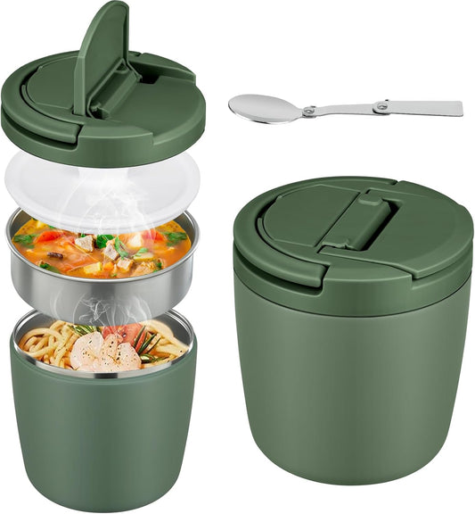 Thermal Food Container, 1400 ml, Stainless Steel Thermal Bowl with Lid, Thermal Lunch Box with Buckle Lid and Spoon, Food Warming Container, Leak-Proof for Soups, Porridge, Baby Porridge, Green