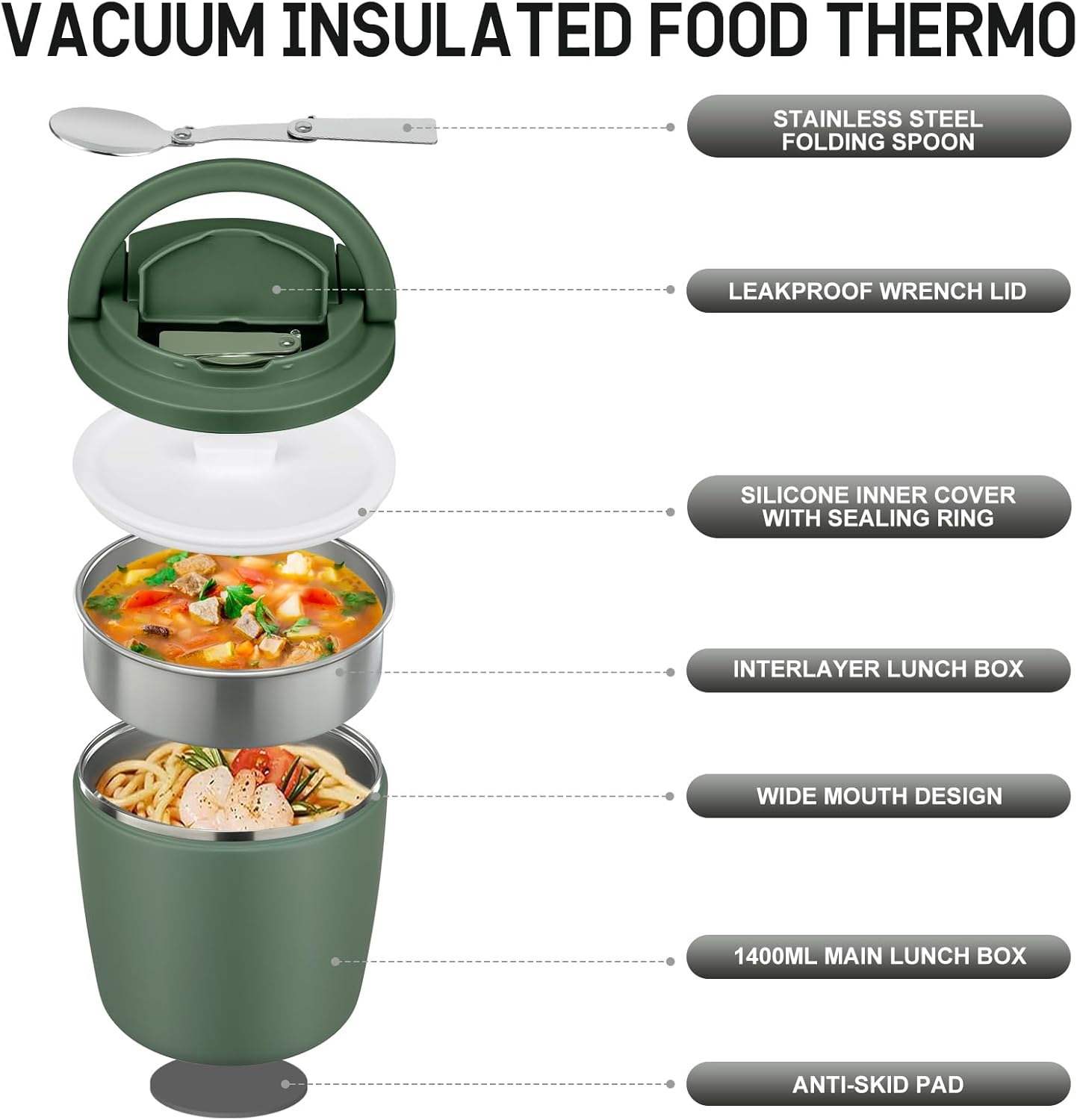 Thermal Food Container, 1400 ml, Stainless Steel Thermal Bowl with Lid, Thermal Lunch Box with Buckle Lid and Spoon, Food Warming Container, Leak-Proof for Soups, Porridge, Baby Porridge, Green