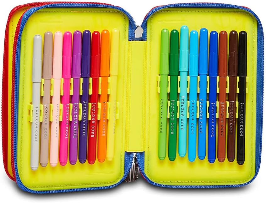 Seven Pencil Case, Multicoloured, Pencil Case for Stationery, Pencil Case with Pens, Ballpoint Pens, & More, 3 Compartments, Girls & Boys, School - Elementary School, XXL, Red/Blue, multicoloured,