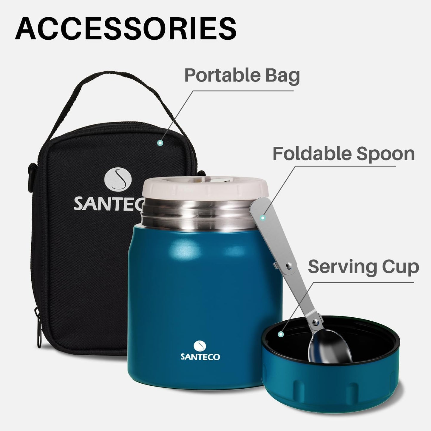 SANTECO Thermal Food Container 500 ml, 18/8 Stainless Steel Warming Container, Food Container for Food, Thermal Mug Food with Spoon and Portable Bag, Hot for 12 Hours & Hours Cold (Blue)