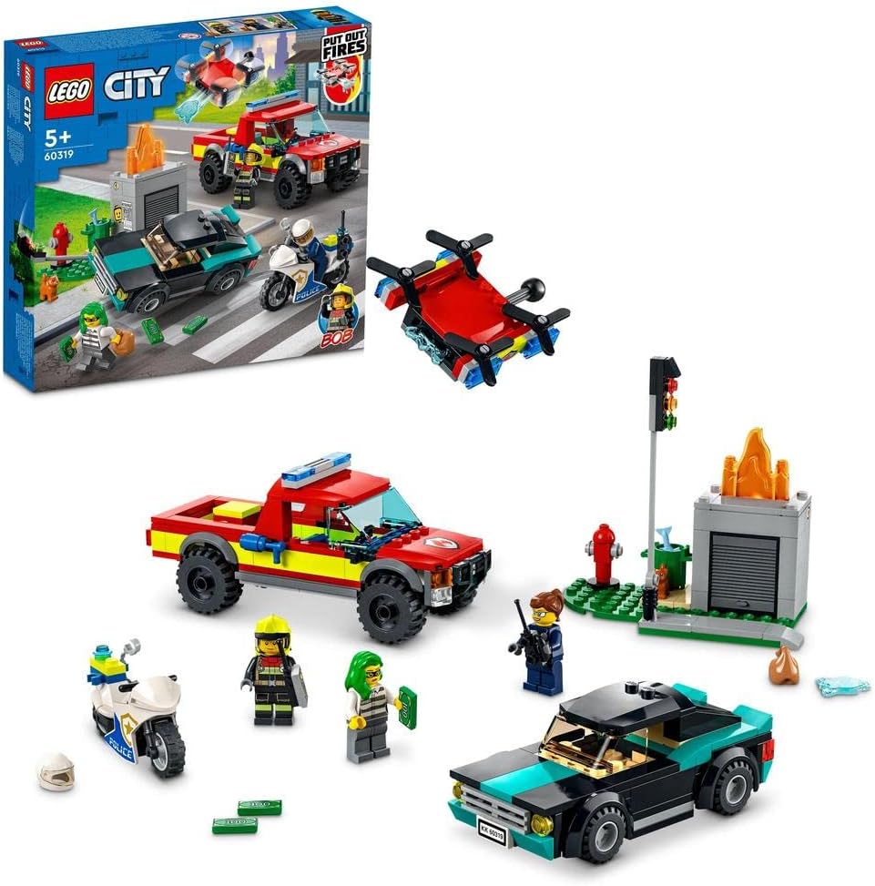 LEGO 60319 City Fire and Chase with Fire Engine and Motorcycle, Police and Fire Engine Set with Car Toy and Drone, Gift for Children, Boys and Girls