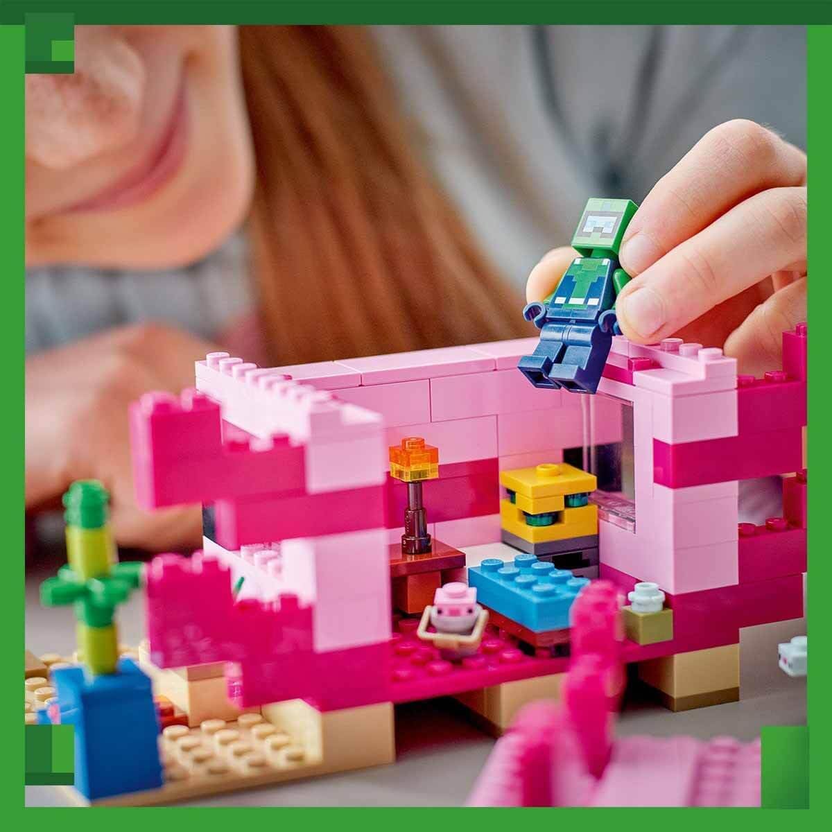 LEGO 21247 Minecraft The Axolotl House Set, Buildable Pink Underwater Base with Diving Explorer, Zombie, Dolphin and Puffer Figures, Adventure Toy for Kids, Girls, Boys from 7 Years