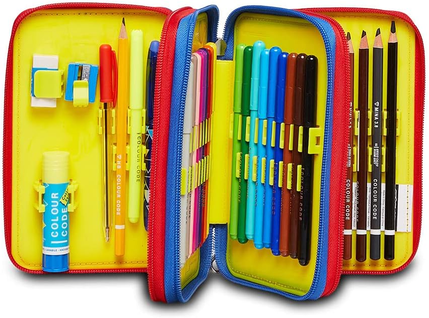 Seven Pencil Case, Multicoloured, Pencil Case for Stationery, Pencil Case with Pens, Ballpoint Pens, & More, 3 Compartments, Girls & Boys, School - Elementary School, XXL, Red/Blue, multicoloured,