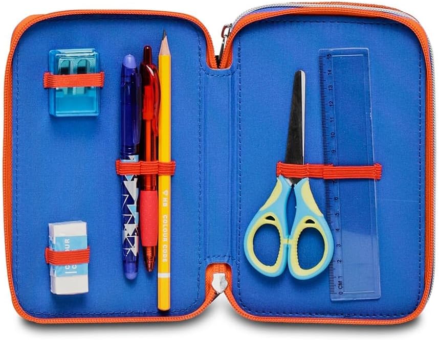 Sonic Primary School Pencil Case with 3 Compartments, Like and Get Me, Blue Red, 43 Pieces, Complete with Pencils, Pens, Felt-tip Pens, Pencil Case for School for Kids, Multicoloured,, multicoloured,