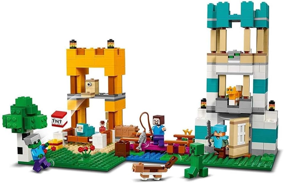 LEGO 21249 Minecraft The Crafting Box 4.0, 2-in-1 Set for Building, Towers on the River or Cat Hut, with Alex, Steve, Creeper and Zombie Mobs, Action Toy for Children, Boys and Girls