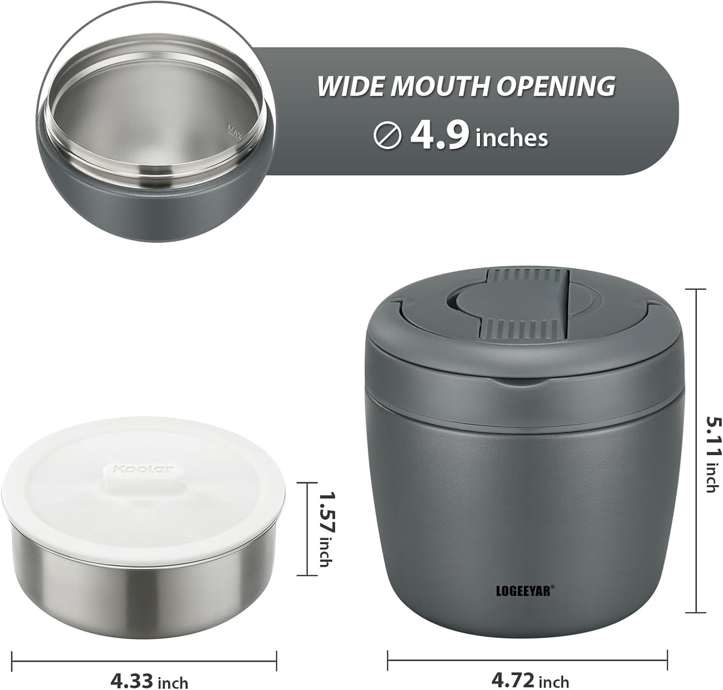 Itslife Thermal Food Container 970 ml, Thermal Bowl with Lid, Stainless Steel Warming Container with Spoon, Thermos Flask Food Leak-Proof, Thermal Lunch Box for Soups, Baby Porridge, Porridge (Grey)