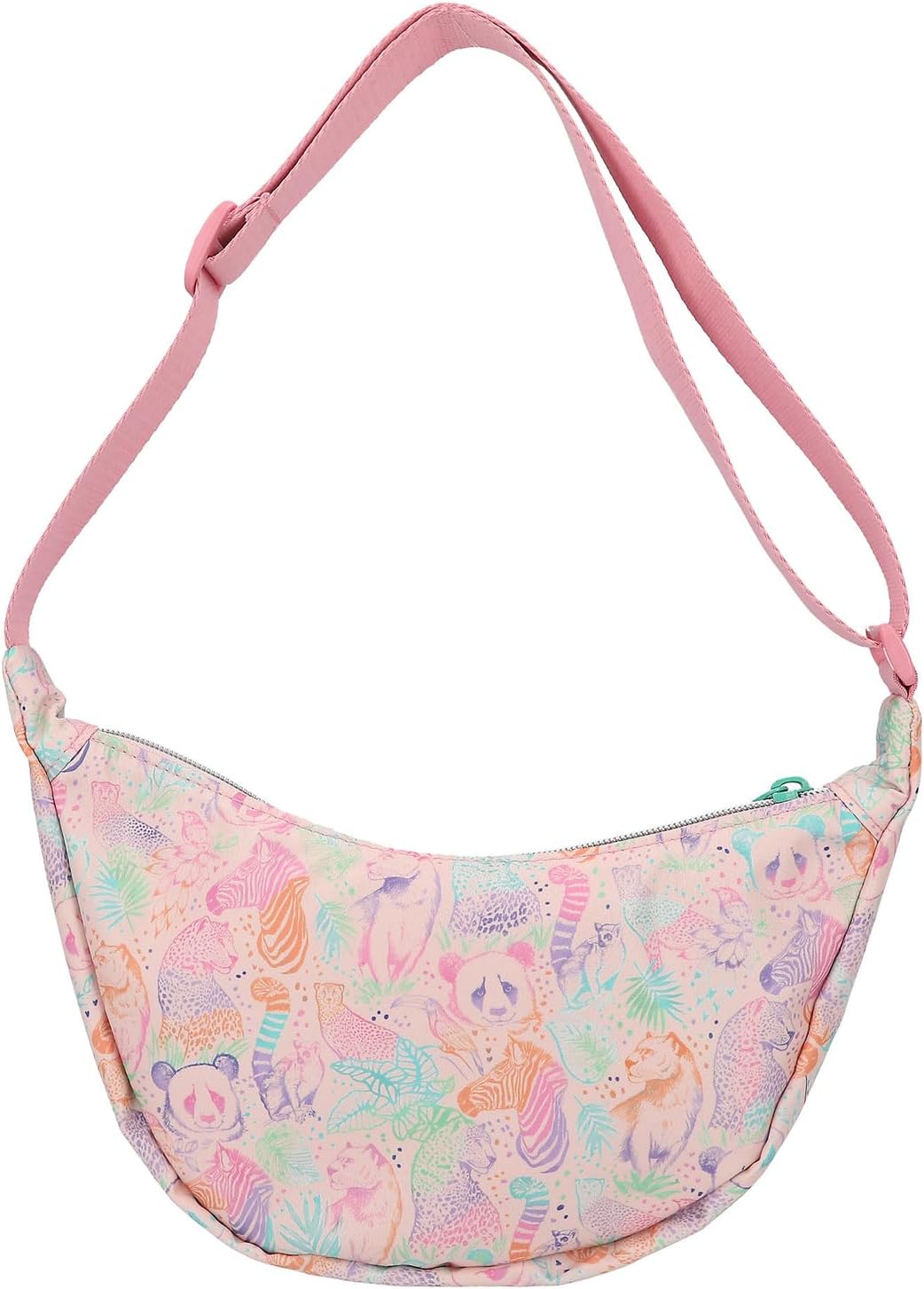 Depesche TOPModel Wild 12793 Small Crescent Moon Shoulder Bag in Pink with Model Motif and Colourful Animal Pattern, Bag with Adjustable Shoulder Strap