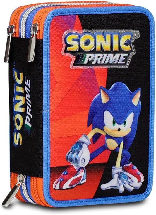 Sonic Primary School Pencil Case with 3 Compartments, Like and Get Me, Blue Red, 43 Pieces, Complete with Pencils, Pens, Felt-tip Pens, Pencil Case for School for Kids, Multicoloured,, multicoloured,