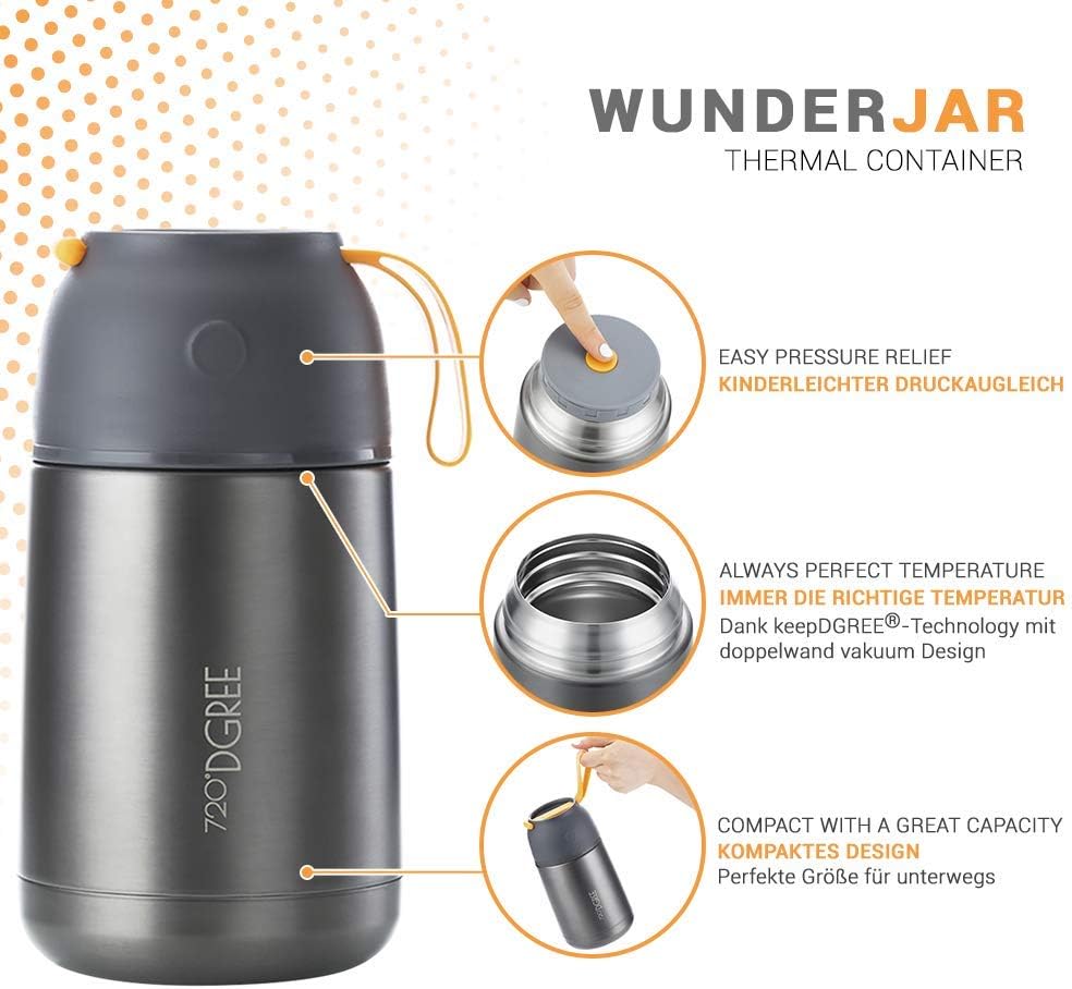 720°DGREE "wunderJar" Thermal Food Container, Leak-proof BPA-Free Stainless Steel Insulated Container, Lunch Box for On the Go, Baby Food, Hot Food, Cold Food, Soup, Muesli to Go, 450 ml / 650 ml