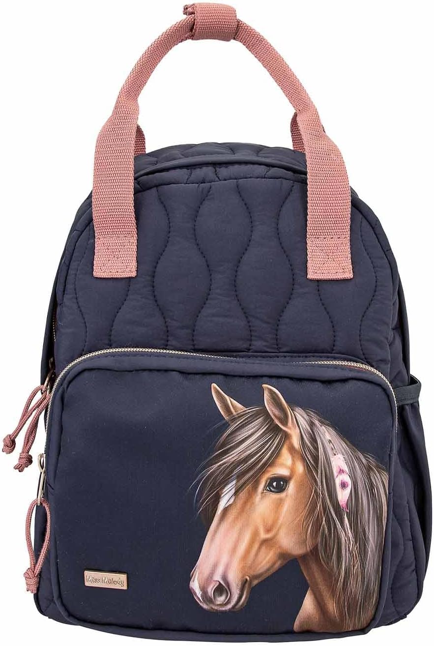 Depesche 12512 Miss Melody Night Horses Backpack for Children with Horse Motif and Quilted Seam Look, Bag in Dark Blue with Adjustable Shoulder Straps, Dark blue pink, Casual