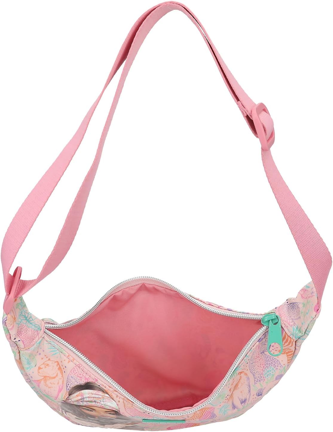 Depesche TOPModel Wild 12793 Small Crescent Moon Shoulder Bag in Pink with Model Motif and Colourful Animal Pattern, Bag with Adjustable Shoulder Strap