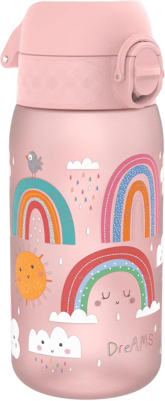 Ion8 Children's Water Bottle, 350 ml, Leak-Proof, One-Handed Opening, Secure Locking, Dishwasher Safe, BPA-Free, Carry Handle, Flip Lid, Easy to Clean, Climate Neutral, Rainbow Design