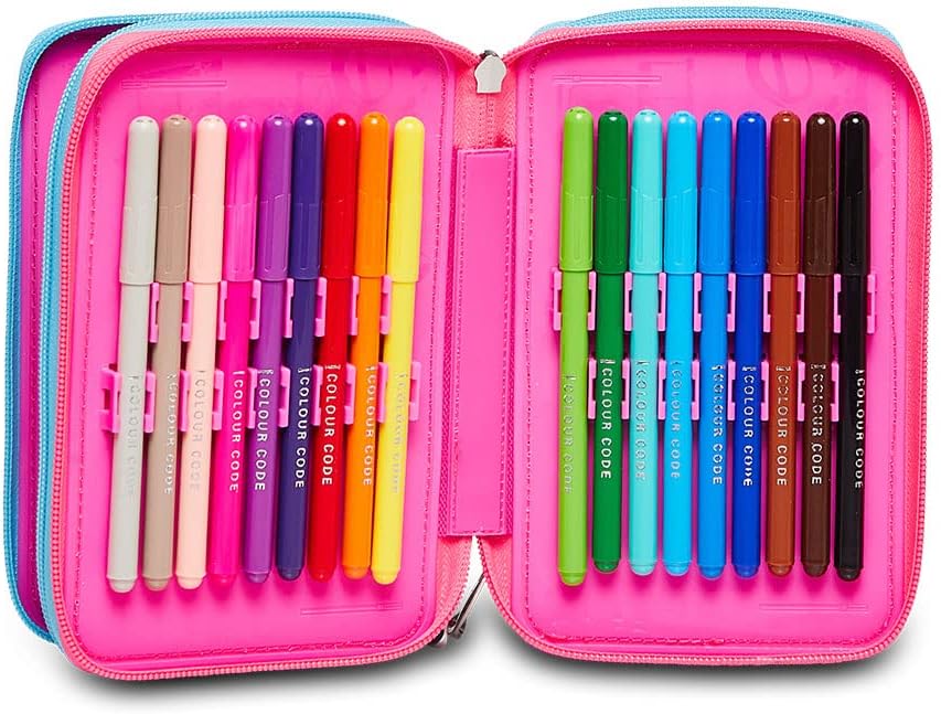 Seven Pencil Case, Multicoloured, Pencil Case for Stationery, Pencil Case with Pens, Ballpoint Pens, & More, 3 Compartments, Girls & Boys, School - Elementary School, XXL, Pink, pink, School