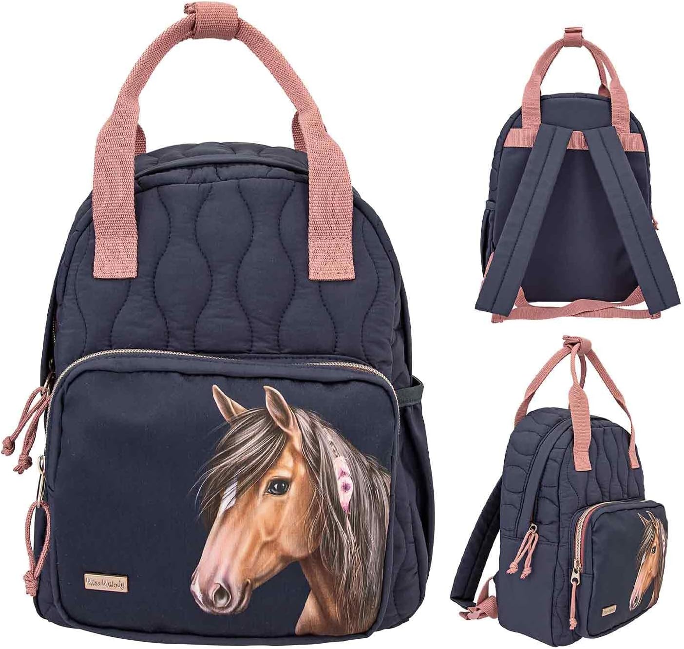 Depesche 12512 Miss Melody Night Horses Backpack for Children with Horse Motif and Quilted Seam Look, Bag in Dark Blue with Adjustable Shoulder Straps, Dark blue pink, Casual