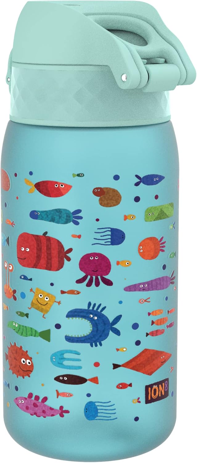 Ion8 Kids Water Bottle, Leak-Proof, One-Handed Opening, Secure Locking, Dishwasher Safe, BPA-Free, Carry Handle, Flip Lid, Easy to Clean, Fish Design