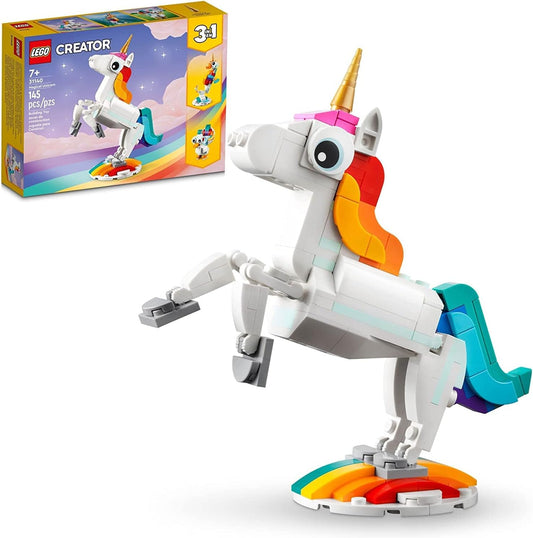 LEGO Creator 3 in 1 Magic Unicorn Toy, Transformed from Unicorn to Seahorse to Peacock, Rainbow Animal Figures, Unicorn Gift for Grandchildren, Girls, Boys, Toy to Assemble