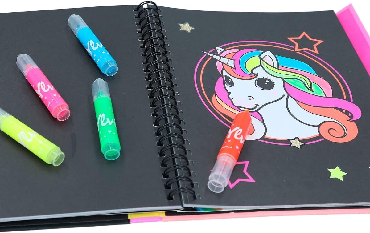 Depesche 12169 Ylvi Neon Colouring Book Set with 25 Pages for Creating Imaginative Motifs, Includes 5 Neon Fibre Pens and Sticker Sheet in Gold