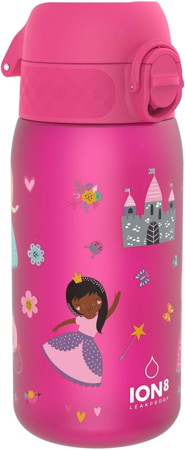 ION8 Children's Water Bottle, 350 ml, Leak-Proof, One-Handed Opening, Secure Locking, Dishwasher Safe, BPA-Free, Carry Handle, Flip Lid, Easy to Clean, Climate Neutral, Princess Design