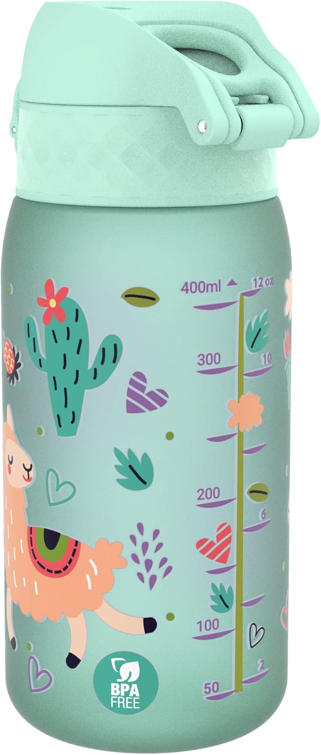 Ion8 Children's Water Bottle, 350 ml, Leak-Proof, One-Handed Opening, Secure Locking, Dishwasher Safe, BPA-Free, Carry Handle, Flip Lid, Easy to Clean, Climate Neutral, Llamas Design