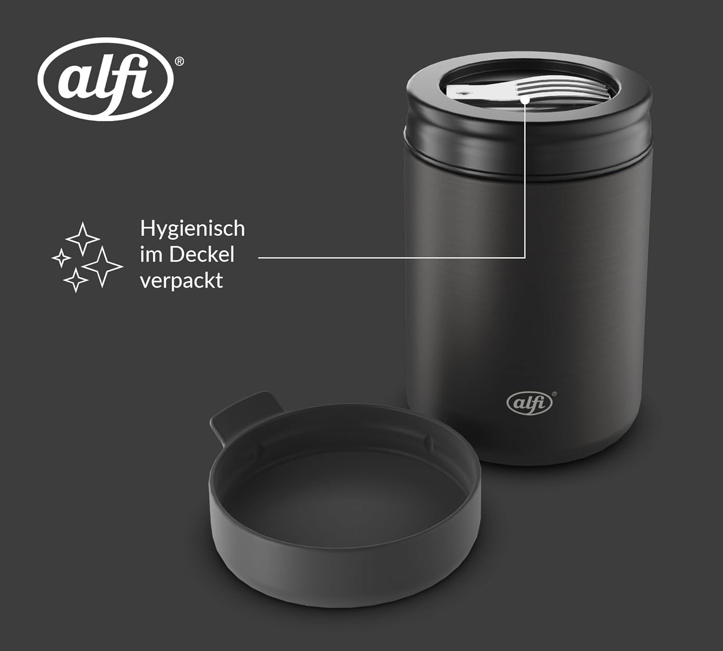 alfi ISO Food Mug 350 ml, Black, Stainless Steel Thermal Container for Food, Insulated Container for Soups, Salad, Cereal to Go, Keeps Warm for 5 Hours Cold, 10 Hours Cold, Dishwasher Safe, BPA-Free