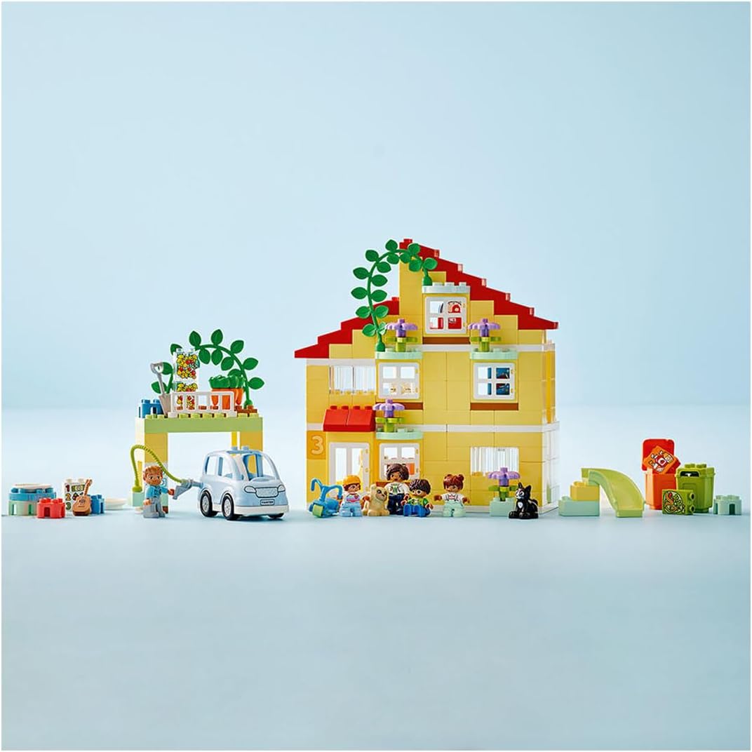 LEGO 10994 DUPLO 3-in-1 Family House, Dollhouse Made of Building Blocks with Push & Go Car, 5 Figures, 2 Animals and Toy Lamp, Playhouse Gift for Toddlers, Girls and Boys from 3 Years