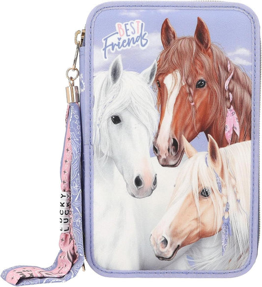 Depesche 12760 Miss Melody Bandana - Filled 3-Compartment Pencil Case with Horse Motif, Purple Pencil Case with Colouring Pencils, Ruler, Scissors and much more, purple, Miss Melody Bandana