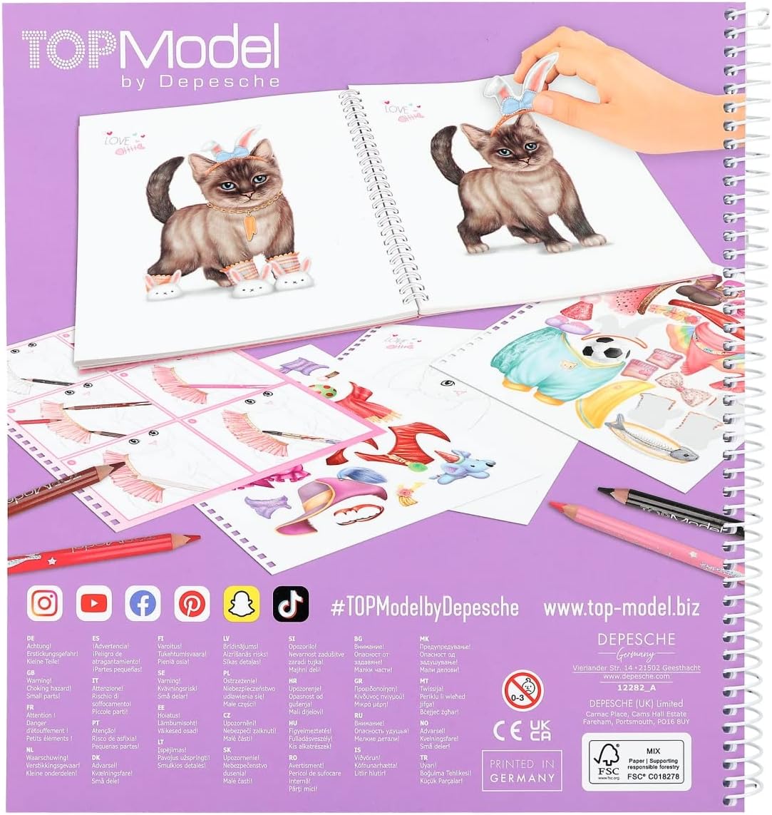 Depesche 12282 TOPModel Create your Kitty Colouring and Sticker Book with 92 Pages for Creating Cute Cats, Colouring Book with Sticker Sheet and Spiral Bound