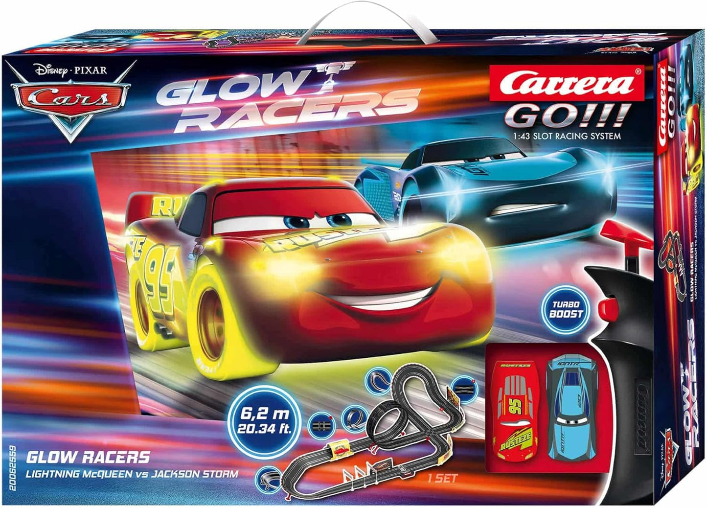 Carrera - 20062559 - Disney Cars Glow Racers I Classic Race Track with Disney Colours I 24 Metre Track Ergonomically Shaped Hand Controls I Perfect I With Spinning Top for Extra Fun