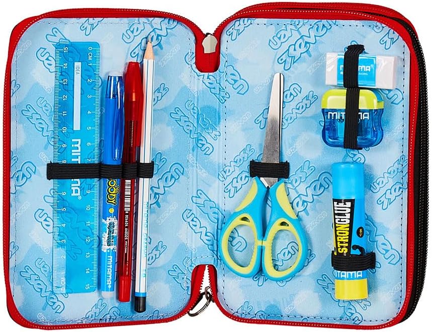 Seven Pencil Case with 3 Compartments Black 3 Compartments Complete with Pencils, Felt Tip Pens, Colours, Accessories Backpack, Primary School, Medium, Top, Kids and Boys, Black, School, black, School