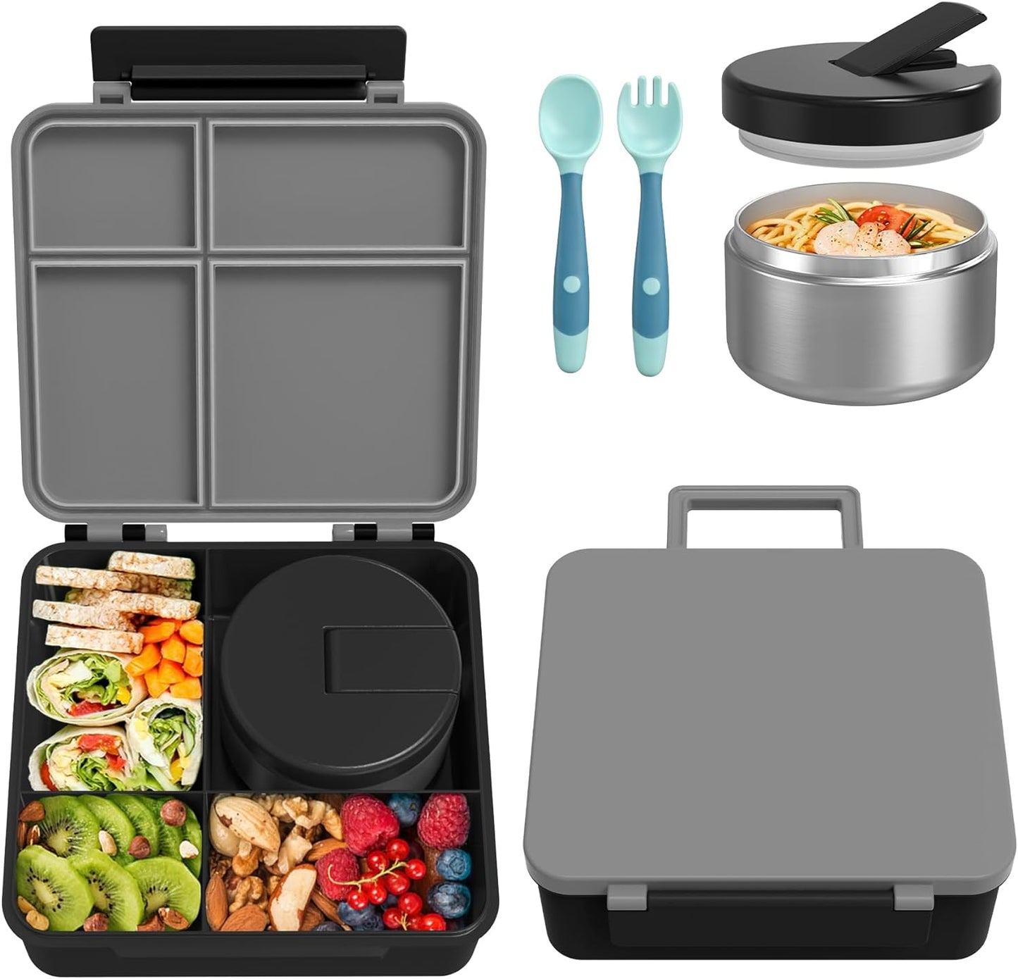 Children's Lunch Box Set with 300 ml Thermal Container for Food, Leak-Proof Lunch Box Children with 4 Compartments, Insulated Lunch Bag, BPA-Free Thermal Lunch Box Children, School, Excursions, Grey