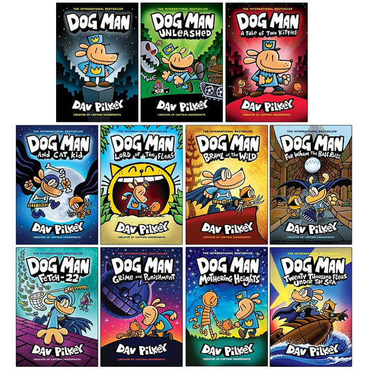 Dog Man Series 1-11 Books Collection Set By Dav Pilkey (Dog Man, Unleashed, Tale Of Two Kitties, Dog Man and Cat Kid, Lord of The Fleas, Brawl of The Wild, For Whom The Ball Rolls, Fetch-22 & More)