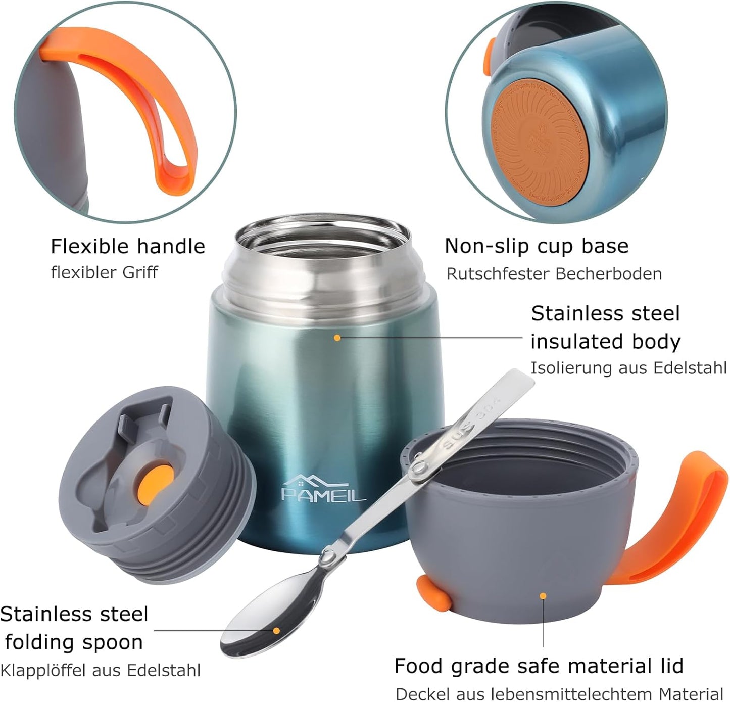 Pameil Thermal Food Container 650 ml + 450 ml, Heat Container for Food, Stainless Steel with Foldable Spoon, Thermal Lunch Box for Soups, Porridge, Ice Cream and Yoghurt (450 ml + 650 ml/Green)