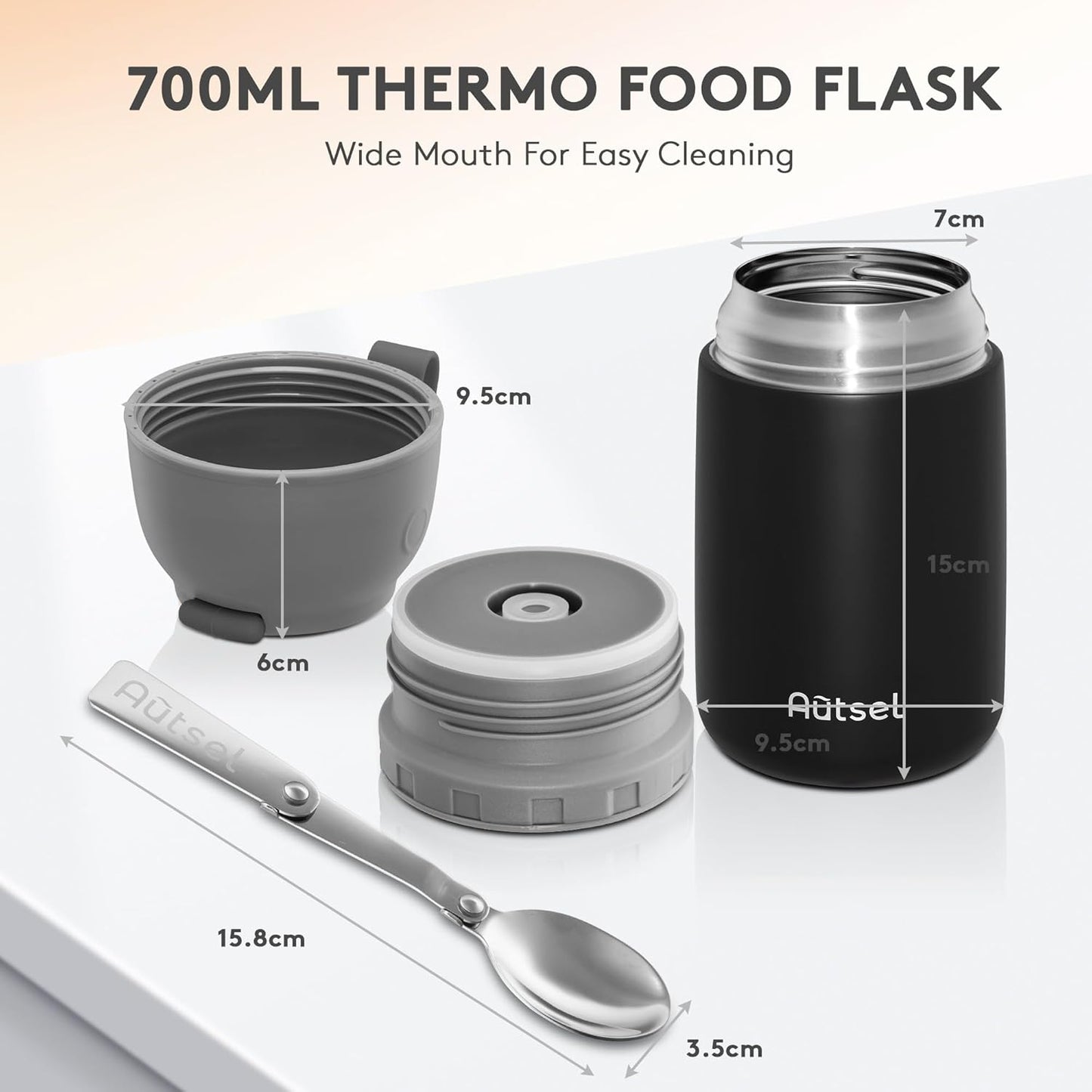 Autsel Thermal Food Container 700 ml, Stainless Steel Warming Container Thermal Mug, Thermal Food Container with Spoon and Portable Insulated Bag