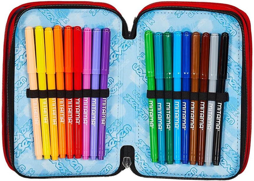 Seven Pencil Case with 3 Compartments Black 3 Compartments Complete with Pencils, Felt Tip Pens, Colours, Accessories Backpack, Primary School, Medium, Top, Kids and Boys, Black, School, black, School